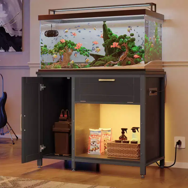 Bestier 40-50 Gallon Fish Tank Stand Wood Aquarium Stand with Storage Cabinet & Power Outlets LED Light, 660lbs Capacity, Black