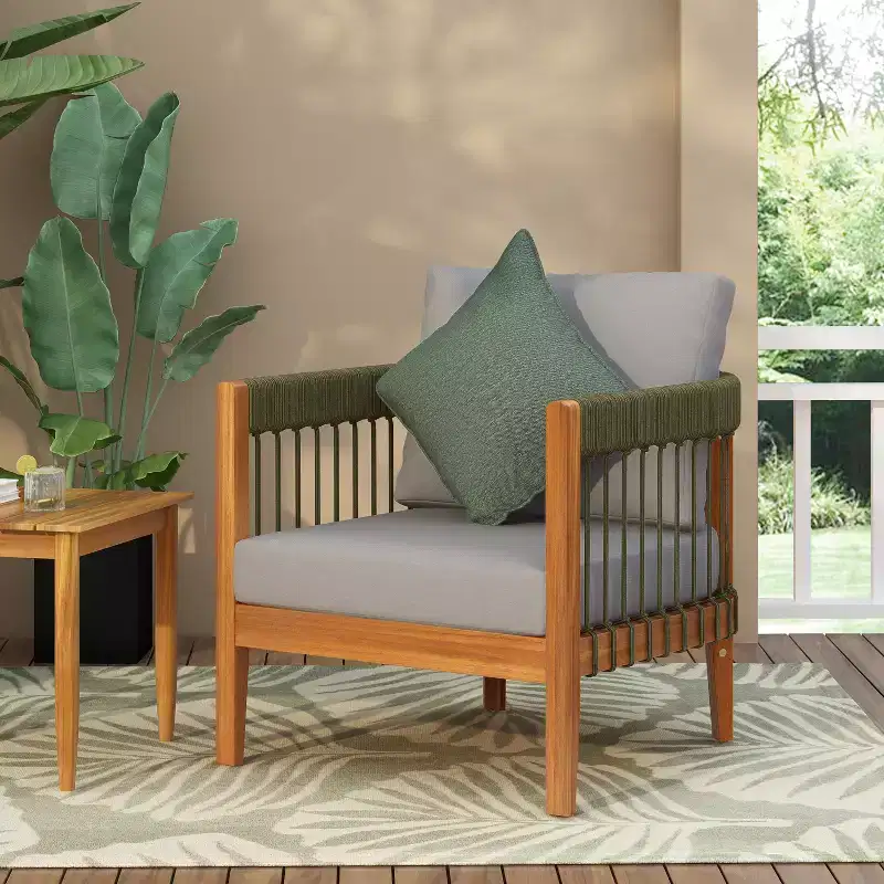 Christopher Knight Home Clifton Patio Rustic Acacia and Rope Upholstered Club Chair with Curved Back