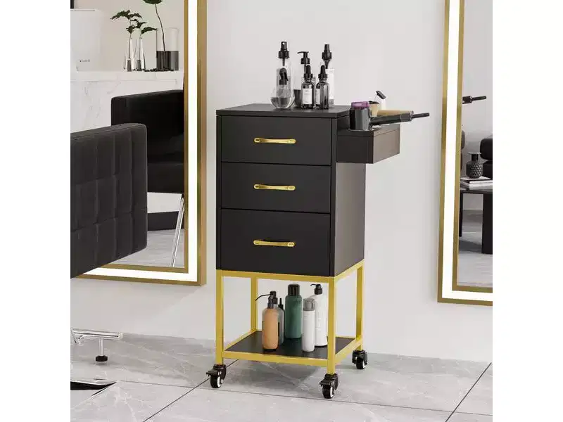 Karl Home Black Wooden Rolling Storage Trolley Cart with Wheels and 3 Drawers