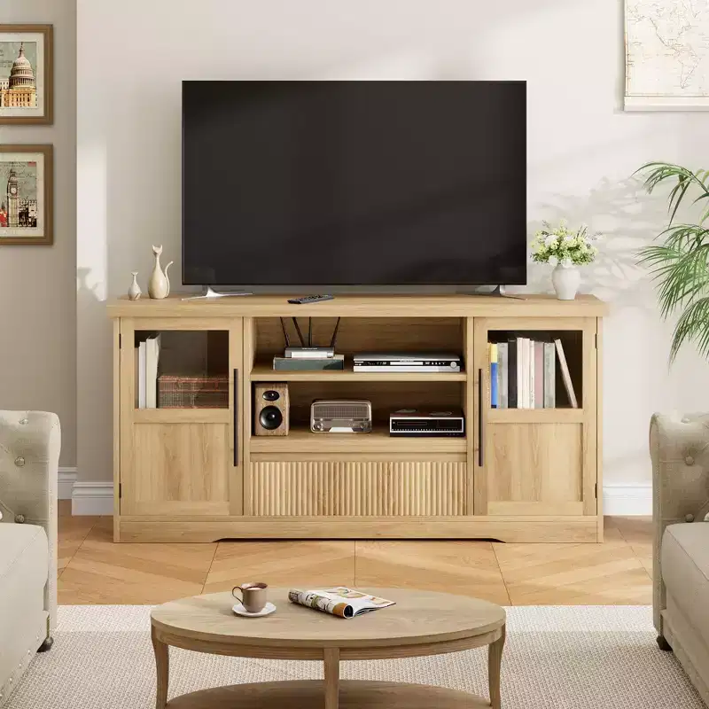 TV Stand, Farmhouse Entertainment Center with Wave Pattern & 2 Glass Door Cabinets, Media Console with Open Storage for Living Room
