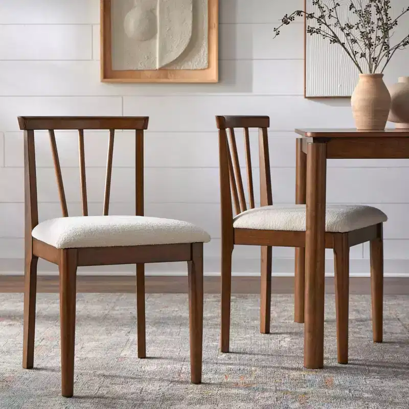 Modern Spindle Upholstered Dining Chairs Set of 2, Beige Linen Fabric, Walnut Legs