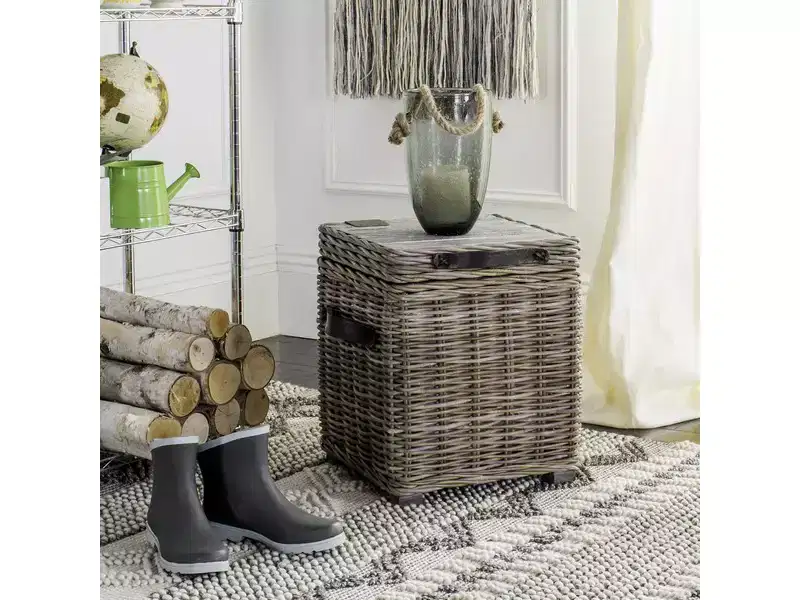 Square Rattan Storage Trunk, White Wash Finish