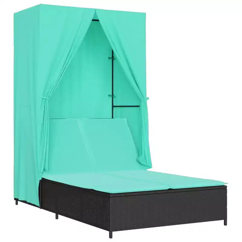 vidaXL Double Sun Lounger with Roof and Curtains Poly Rattan