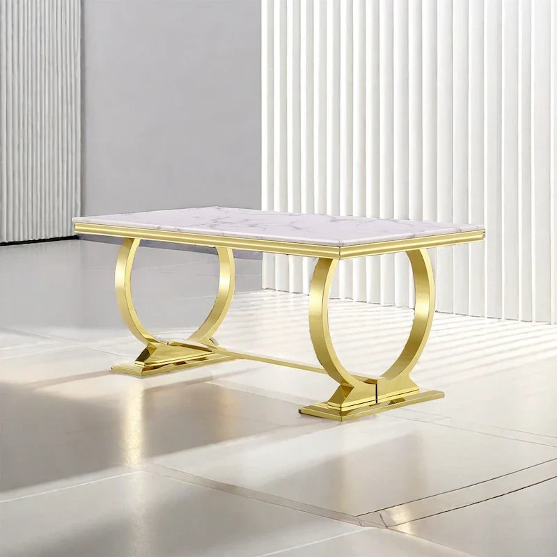 White & Brushed Gold Glass-Top Dining Table, Seats 6–8