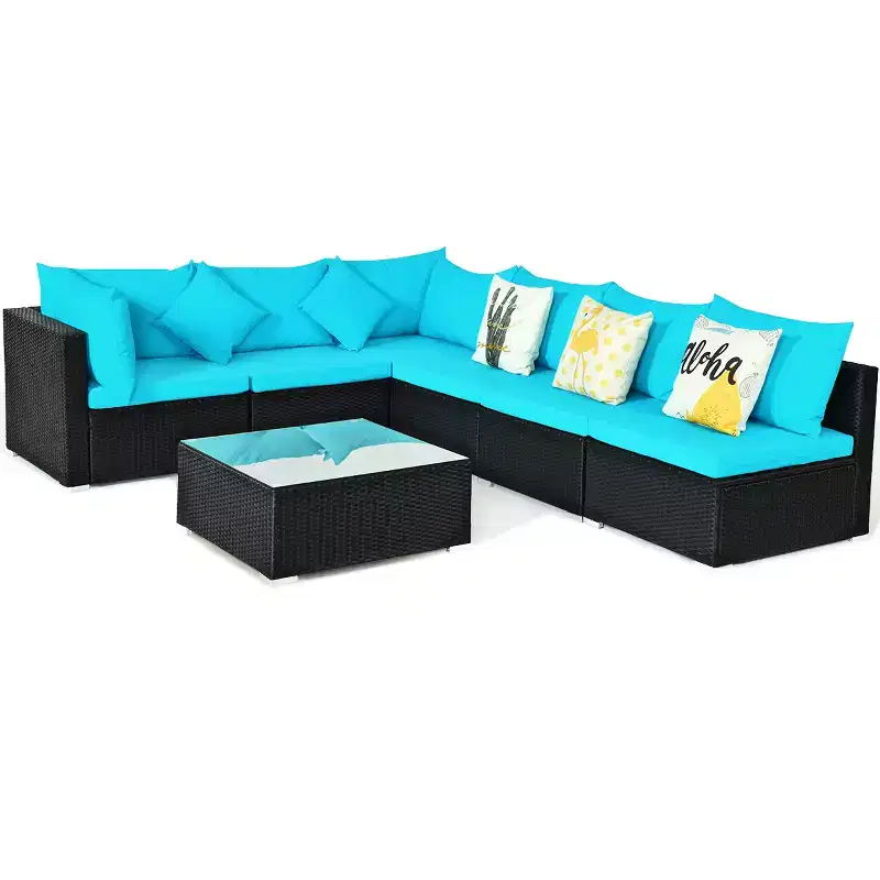 Costway 7PCS Patio Rattan Sofa Set Sectional Conversation Furniture Set Garden Beige/Navy/Gray