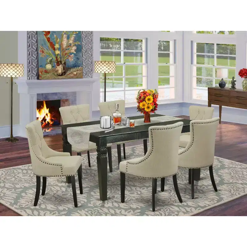 HomeStock Belmont 7Pc Dinette Set Includes a Rectangular Kitchen Table with Butterfly Leaf and Six Parson Chairs with Light Beige Fabric, Black Finish