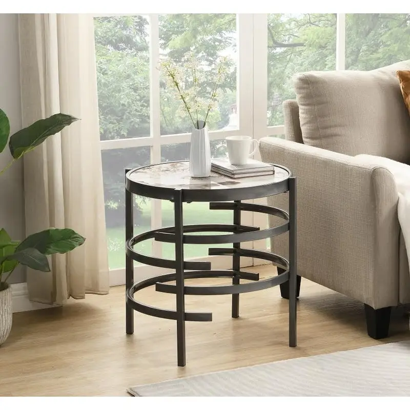 Round End Table with Sintered Stone Top and Metal Frame