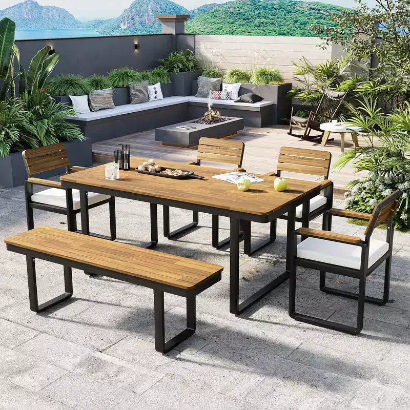 GDFStudio Elvira Patio Modern 6-Piece Acacia Wood Dining Set with Table, 4 Cushioned Chairs and Bench