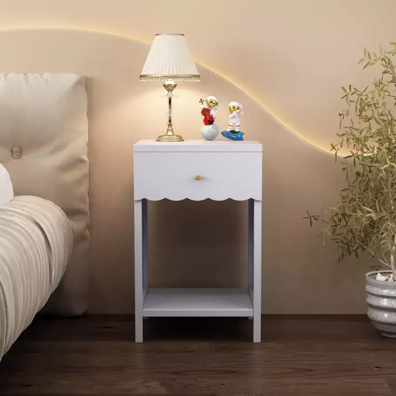 Modern Nightstand with Drawer and Open Shelf,Scalloped Edge Bedside Table for Bedroom, Cute Minimalist Side Table for Kids Room or Girls' Room