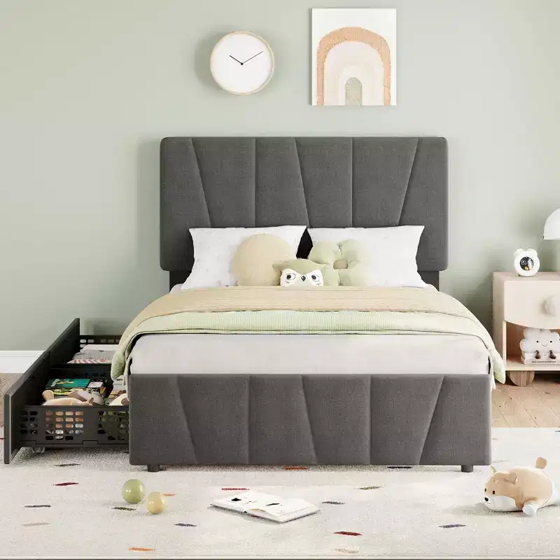 Twin Size Bed Frame with Adjustable Headboard and 2 Storage Drawers, Soft Upholstered Bed Frame with Wooden Slats Support,Dark Grey