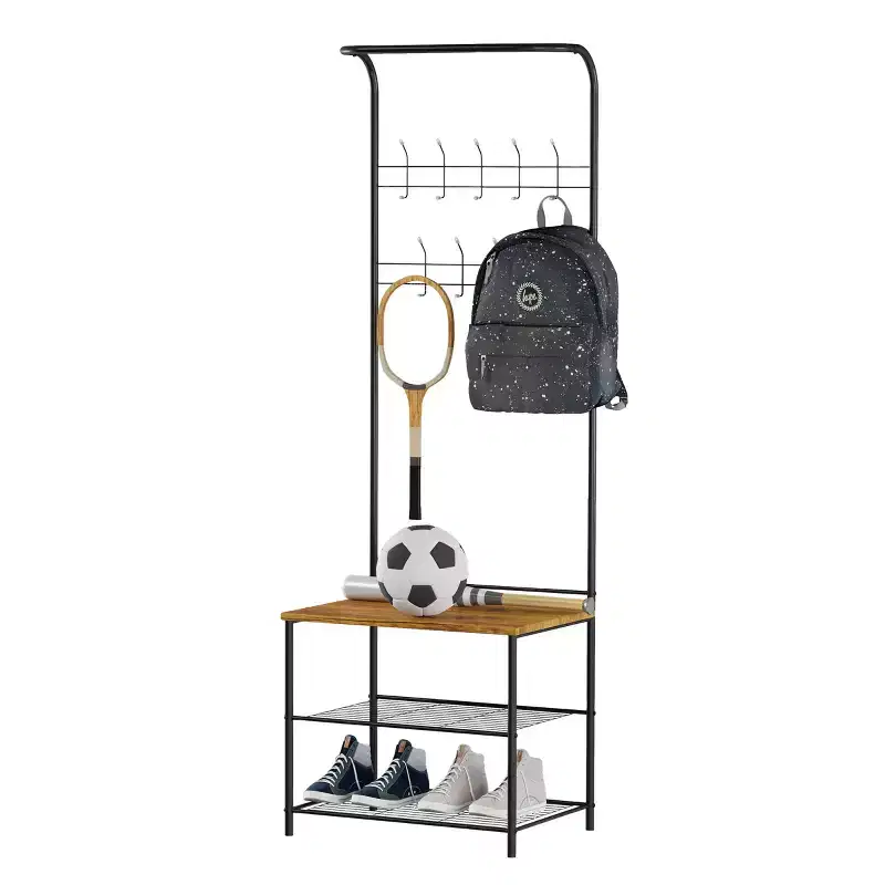 Hasting Home Entryway Bench with Coat Rack  Metal Hall Tree with Seat, Hooks, and Shoe Storage