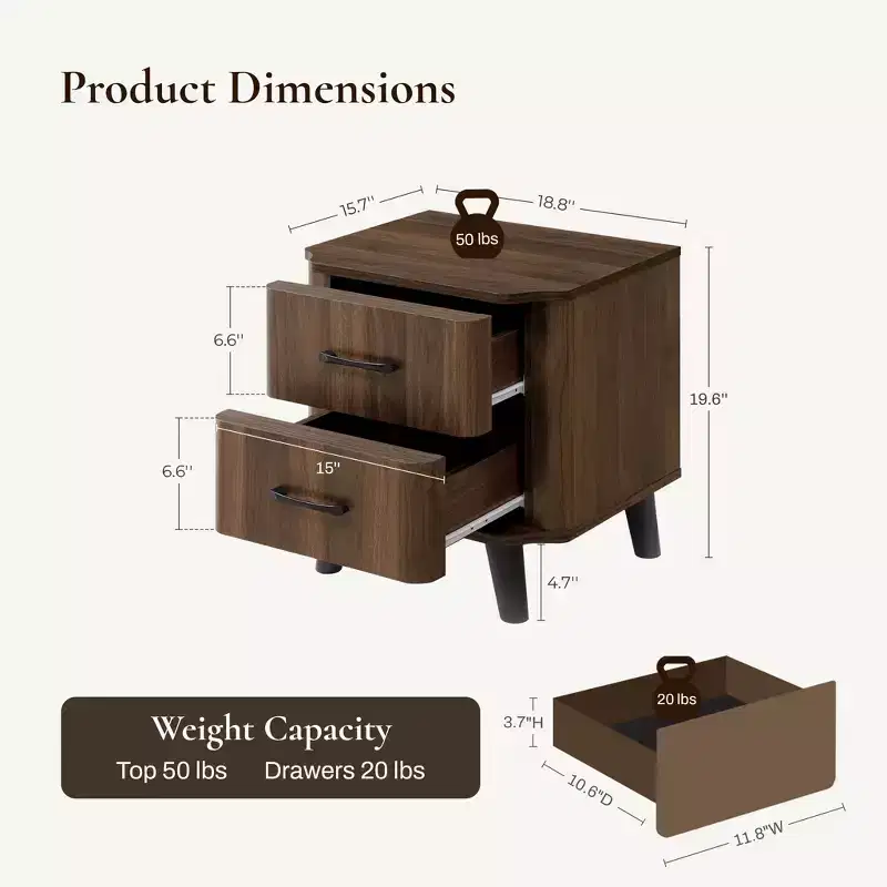 LuxenHome Mid Century Modern Nightstand, 20 Walnut Night Stand with Curved Edge, Dark Brown Nightstand with Drawers