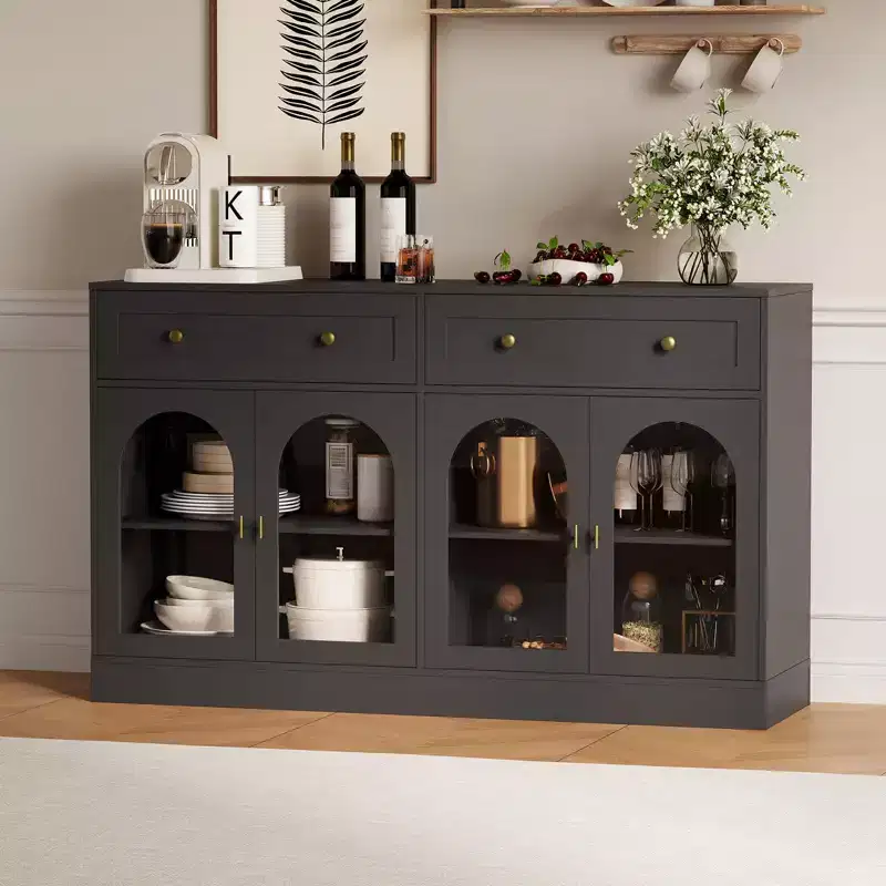 55Farmhouse Sideboard Buffet Cabinet with Storage,Large Kitchen Buffet Cabinet with 4 Acrylic Doors and 2 Drawers,Modern Coffee Bar Table for Dining