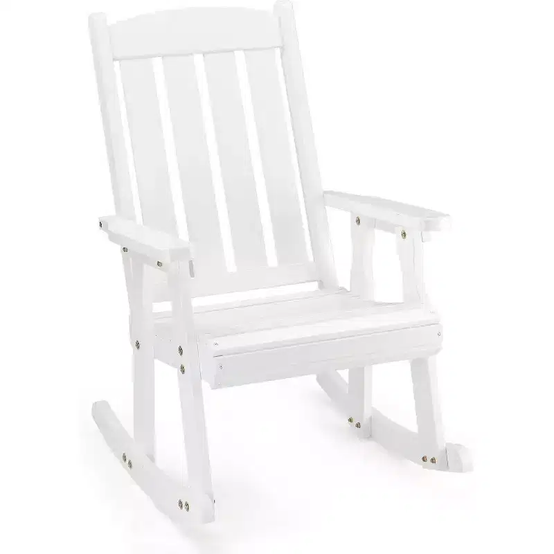 VINGLI Heavy Duty 600 LBS Outdoor Wooden Rocking Chair with Higher Backrest,Patio Rocking Chair with Ergonomic Design, White