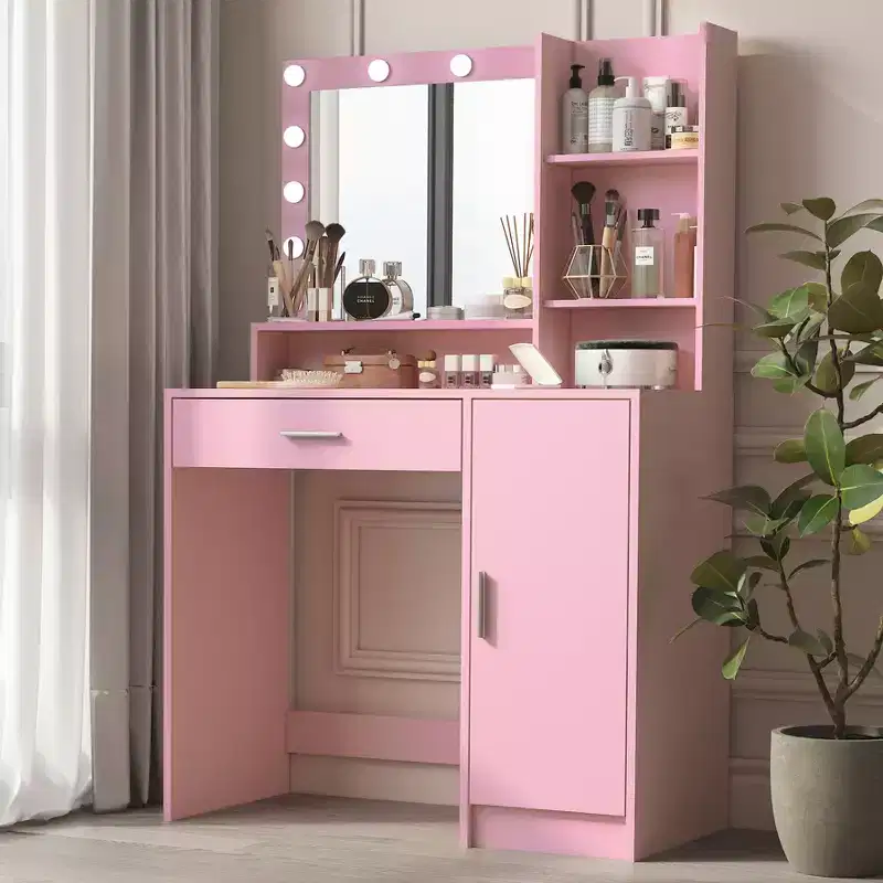 Modern Vanity Desk with Mirror & 3 Modes Light, Dressing Table with Drawer and Three Level Storage Cabinet, Pink