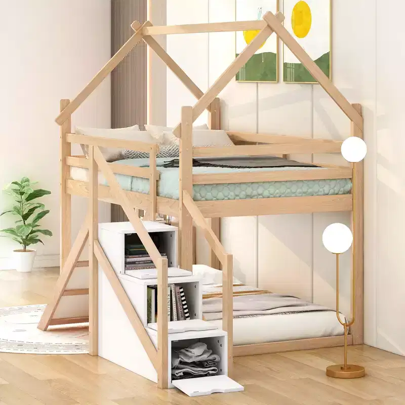 Bellemave Twin over Twin House Loft or Bunk Bed with Slide and Staircase, Natural