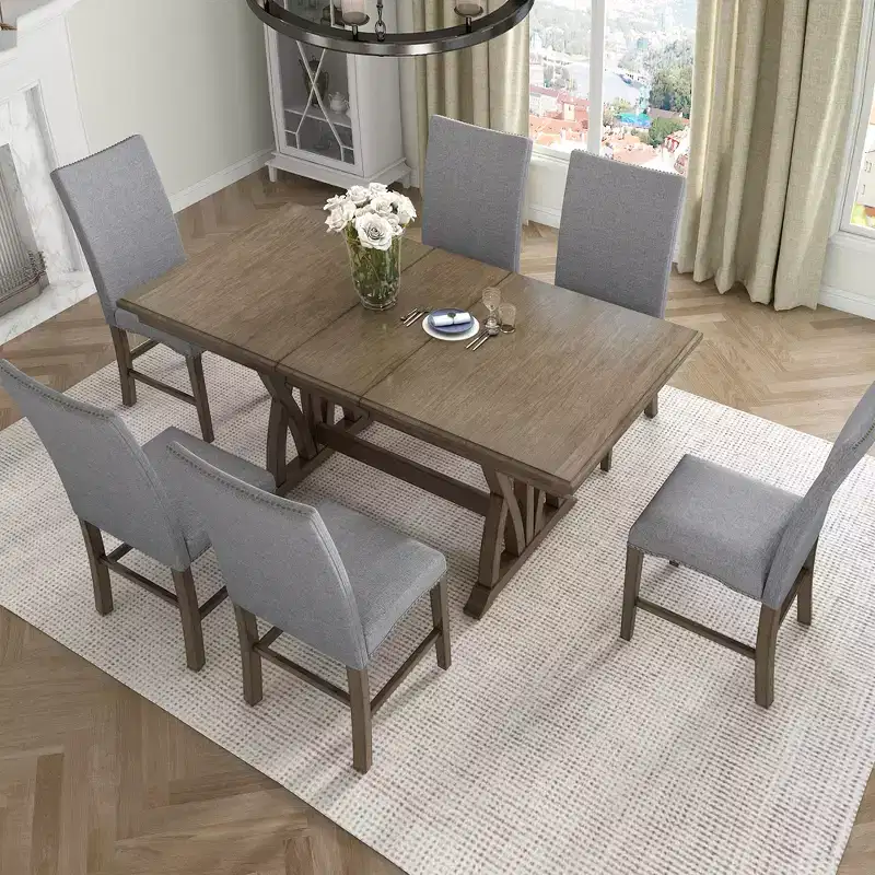 7 Pieces Extendable Dining Table Set for 6, Farmhouse Kitchen Table Set with 6 Upholstered Chairs for Dining Room, Gray