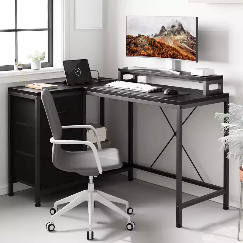 L-Shaped Gaming Desk (47.3)  Reversible Corner Desk with 3 Drawers, Power Outlets & USB Port for Home Office (1-Pack)