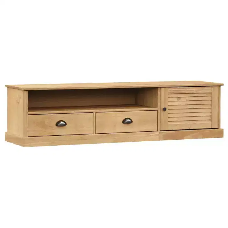Pine Wood TV Stand Entertainment Center with Storage - Honey Wax Finish, Metal Handles, 61.4 W x 15.7 H