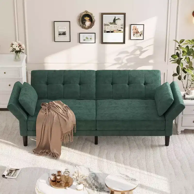 89 Chenille Futon Sofa Bed, Modern Convertible Sleeper Couch with Adjustable Backrest & Armrests, 3-Seat Sofa with 2 Pillows for Apartment