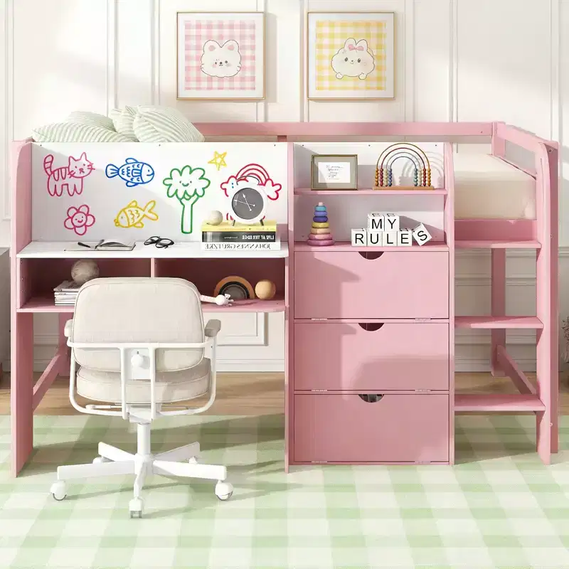 Full Size Low Loft Bed with Built-in Desk, Storage Cabinets, Open Bookcase and Whiteboard for Graffiti