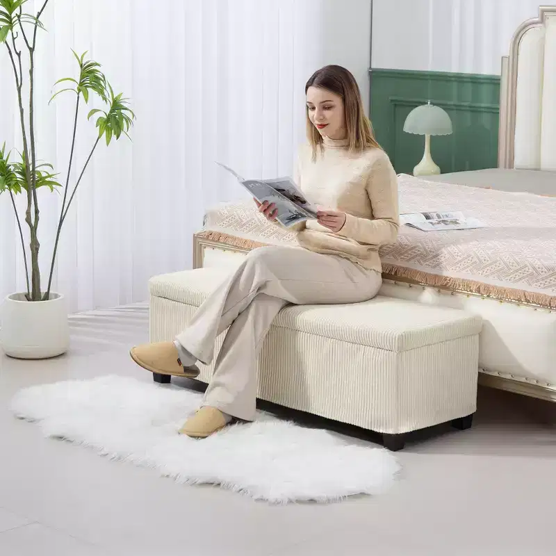 47-Inch Storage Ottoman Bench with Corduroy Upholstery