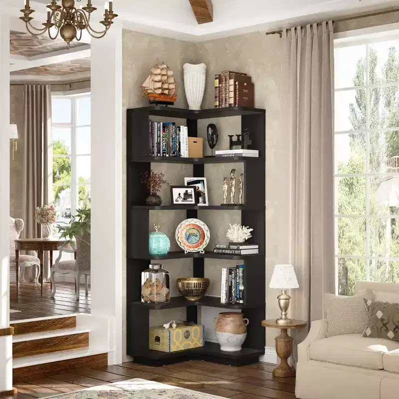 6-tier Corner Bookshelf, Space-saving Display Shelving Unit
