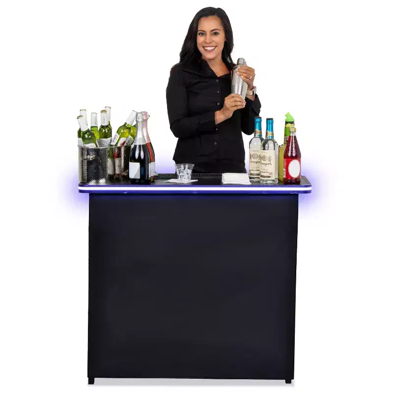 GoBar Portable Bar Table with Multi-Color LED Lights - Mobile Bartender Station for Events - Includes Carrying Case - Black