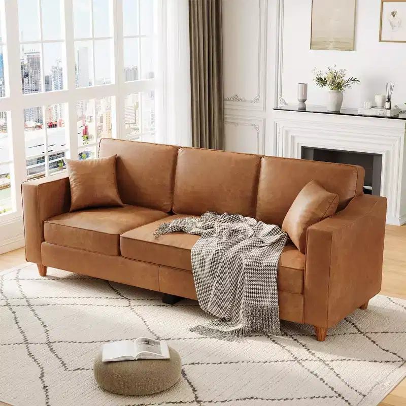 Modern 85 3-Seater Sofa in Faux Leather - Deep Seated Couches with Wide Armrests for Living Room Office