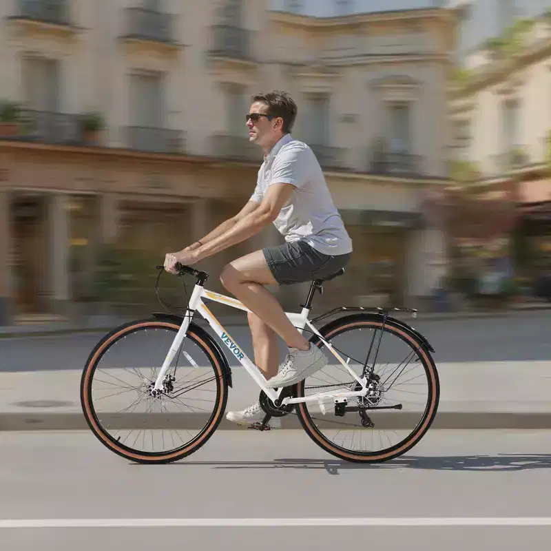 VEVOR Hybrid Bike, Lightweight Aluminum Frame Bike, 700c Wheel Men Women Hybrid Bicycle, Step-Over Adult Urban City Commuter Bikes, White