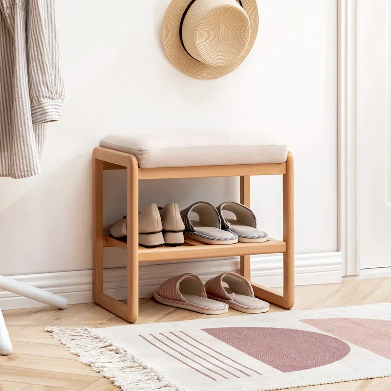 Wooden Shoe Bench with Storage Rack – Natural Wood, 1-Person Seating