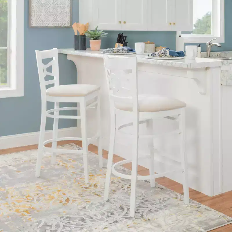 Set of 2 Teresa Ultra Suede Padded Seat Barstools White/Gray - Linon: Solid Beechwood, 31" High
