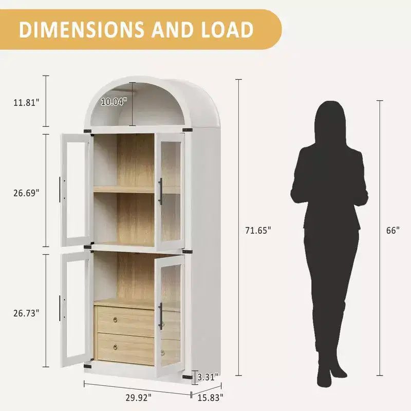 Coolmee Arched Bookshelf with Doors and Drawers, Farmhouse Display Storage Shelves, 71.4in Tall Wooden Display Cabinet Rounded Bookcases
