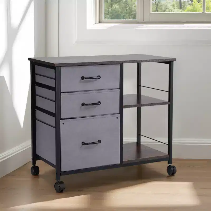 Metal File Cabinet, Mobile Filing Cabinet with 3 Fabric Drawers and 2 Open Shelves, Wooden Vertical Filing Storage Cabinets with Wheels, Brown