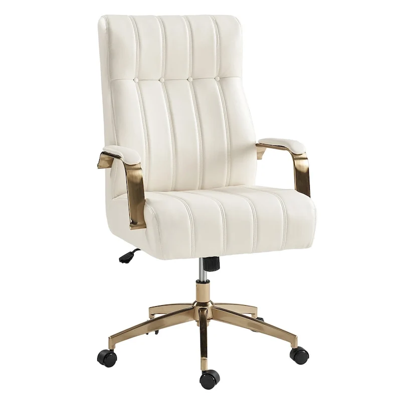 Mid-Century Modern Vegan Leather Swivel Tilting Office Chair with Channel Tufted and Metal Feet