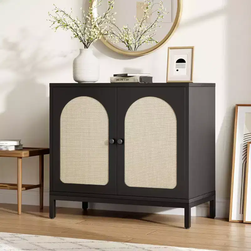 Rattan Sideboard Buffet Cabinet - with Rattan Doors, Adjustable Shelves, Boho Accent, Liquor Coffee Buffet, for Living Dining Room Hallway Kitchen