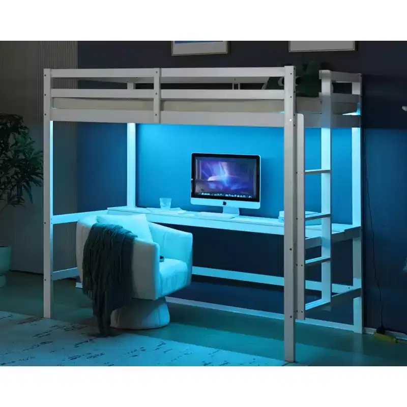 Loft Bed with Desk, Wood Bunk Bed Twin Size with RGB LED for Adults, 2 Charging Stations on High Guardrail, Wood Slat Support, White