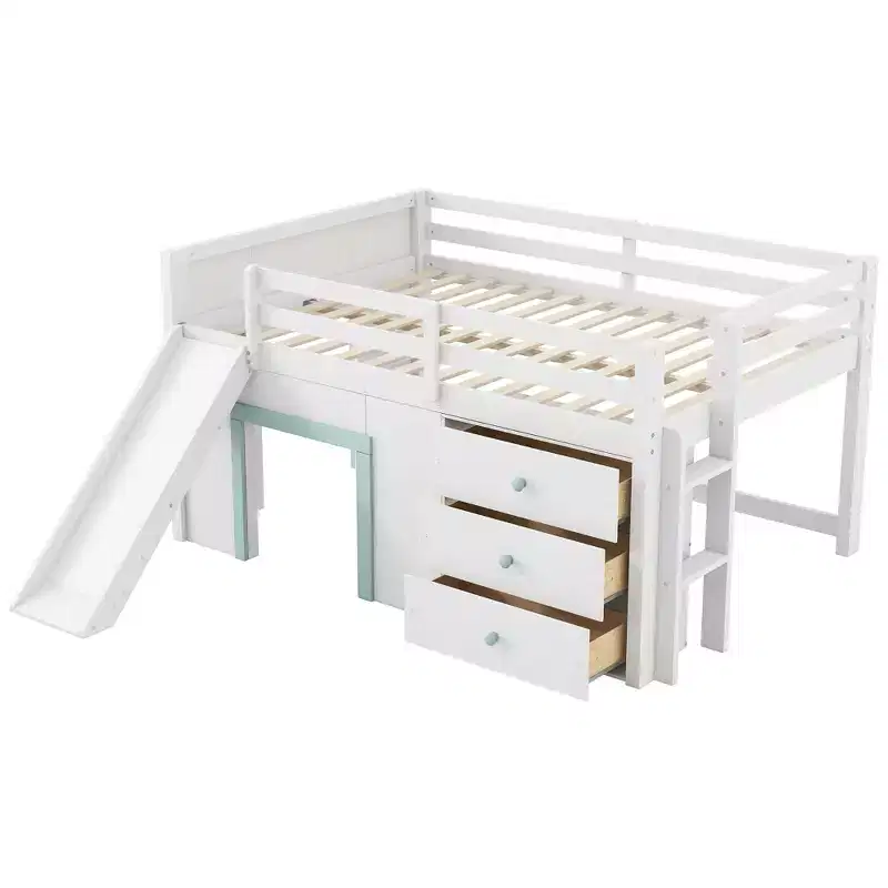 Full Size Low Loft Bed with Slide, Wooden Kids Loft Bed Frame with Three Storage Drawers, White