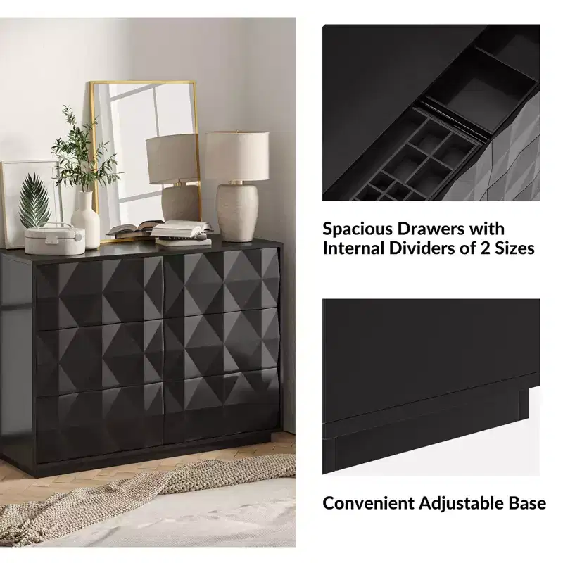 Randolf 6 - Drawer Dresser With Adjustable Feet| ART OF LIVING DESIGNS-BLACK