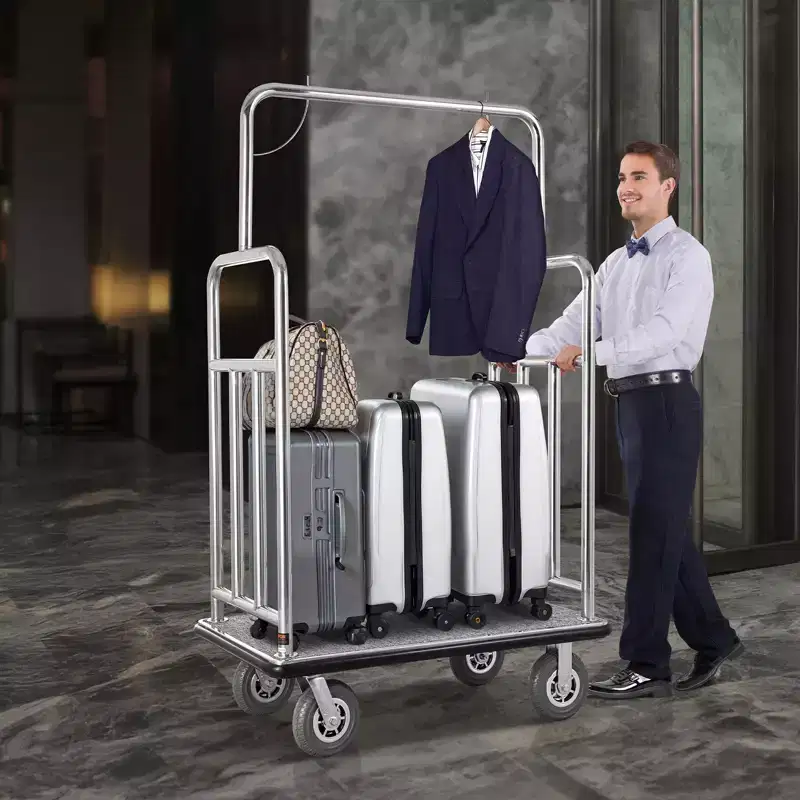 Hotel Luggage Cart - 1200 lbs Capacity, Brushed Stainless Steel, Grey Carpeted Deck, 8