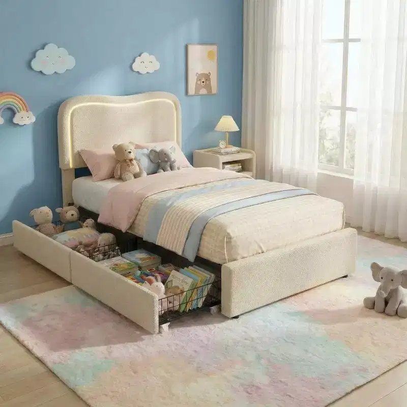Boucle Bed Frame with 2 Storage Drawers, LED Headboard, Upholstered Platform Bed, No Box Spring Needed