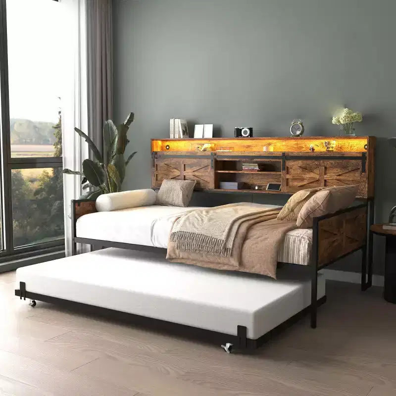 Twin Size Daybed with Trundle, Day Bed Frame with Storage Headboard, Heavy Duty Sofa Platform Bed, Space Saving Day Bed for Living Room Bedroom