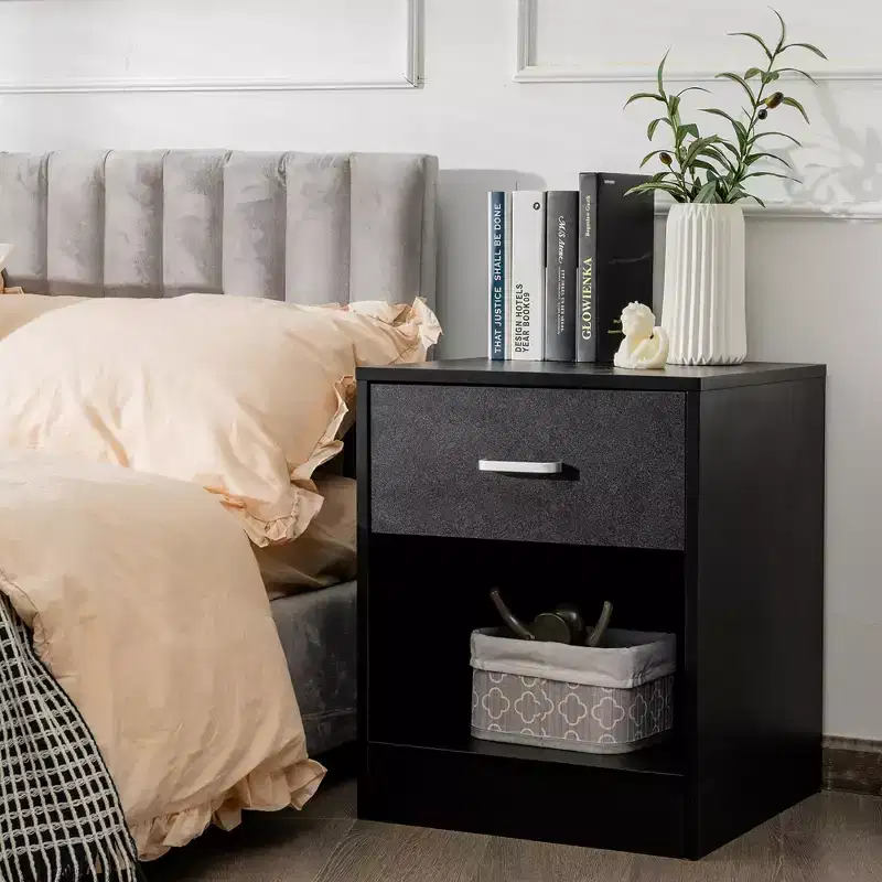 Modern Nightstand with Drawer and Open Shelf Black/Brown