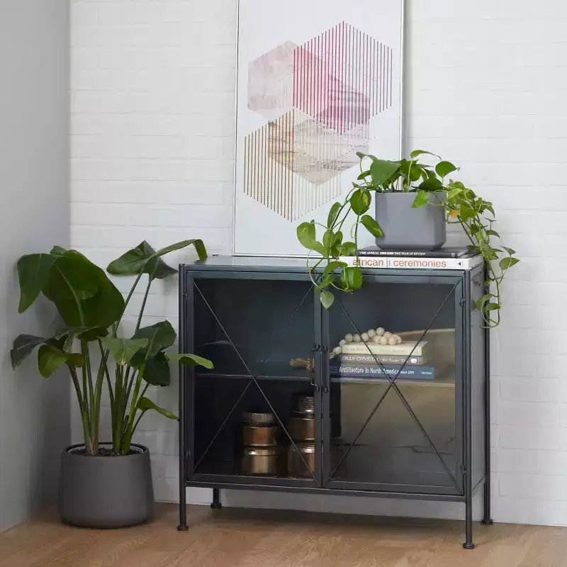 Industrial Metal Cabinet Black: No Assembly, Iron Frame, Fretwork Design, Includes Anti-Tip Hardware