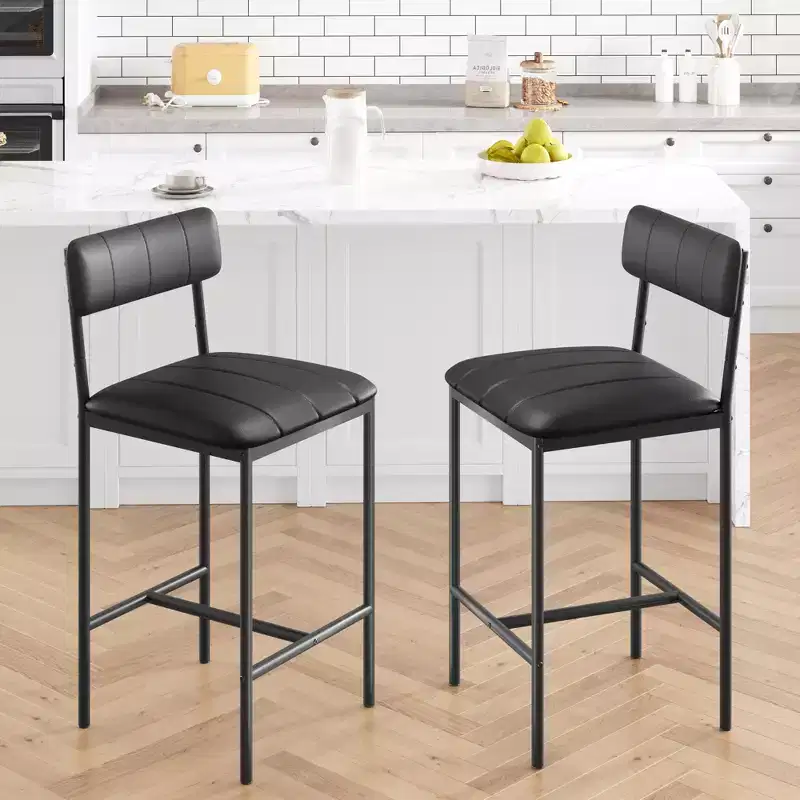 PU Leather Metal Bar Stool Set of 2, Bar Chair with Upholstered Chairs & Footrest,Dining Room Chairs Set for Small Space, Apartment, Black