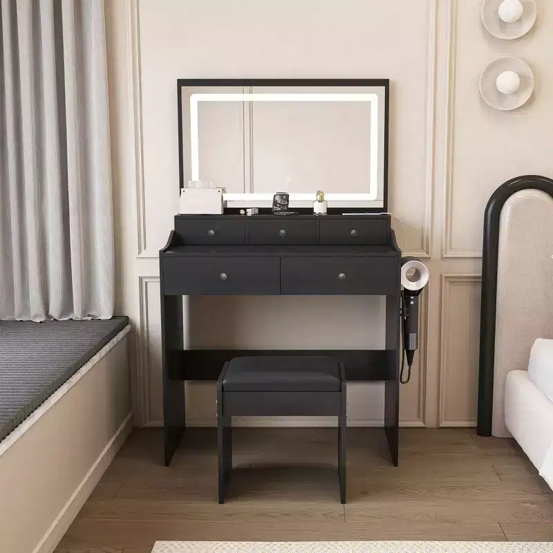Okak Makeup Vanity with Large 3 Color Adjustable Mirror, Vanity Desk with Power Outlet and Hair Dryer Holder, Compact Vanity for Bedroom