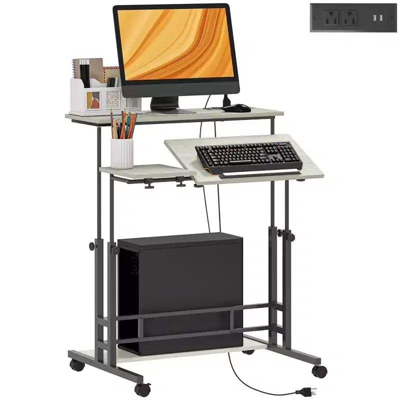 Standing Desk with Power Outlets, Height Adjustable Stand Up Desk with Tiltable Tabletop, Lockable Wheels, Shelf, for Home Office