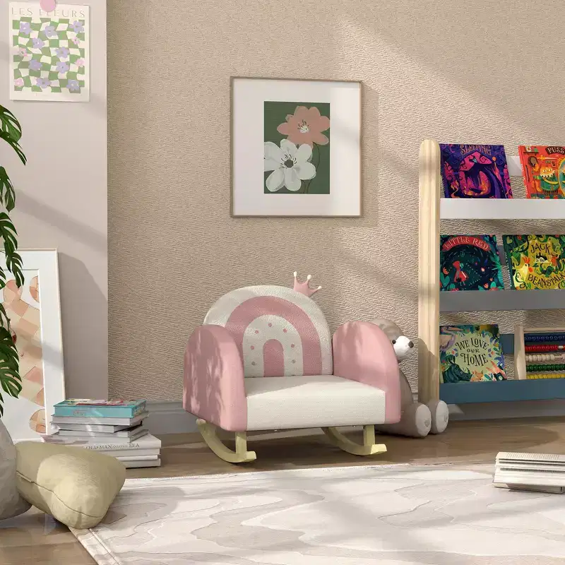 Qaba Kids Rocking Chair, Princess Crown Toddler Chair, Children's Armchair Rocker w/ Rainbow Backrest for Bedroom Playroom, Pink