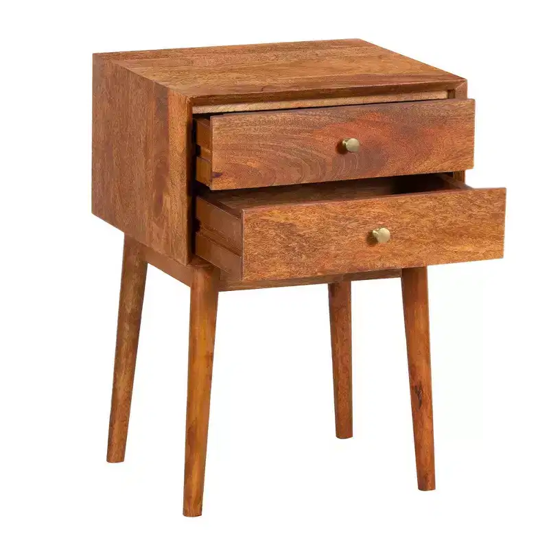 Royal Hampton Bedside Nightstand Table with 2 Drawers and Brass Knobs, Mango Wood Construction
