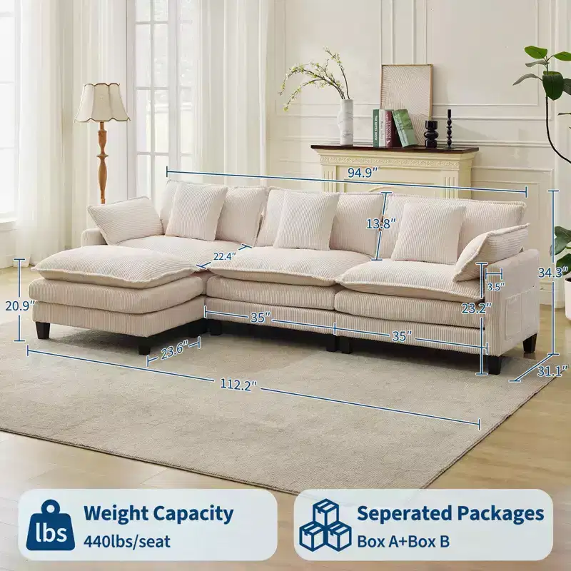 GustoWave 146 Fabric U-Shape 4 Seater Modular Sectional Couch, Oversized Cloud Sectional Sofa with Ottoman & Throw Pillows, Deep Seat